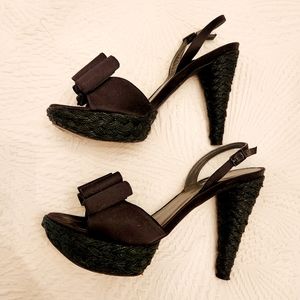 Stuart Weitzman Bogus Black Bow Satin Espadrille Slingback Pump Size 9.5 Cute